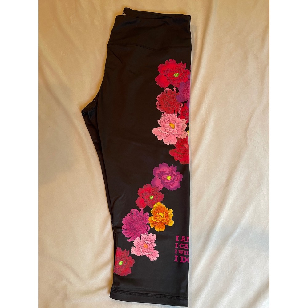 KALI Miami Fitwear Black Floral Motivational Capri Leggings 2X I Am I Can I Will - Picture 2 of 11